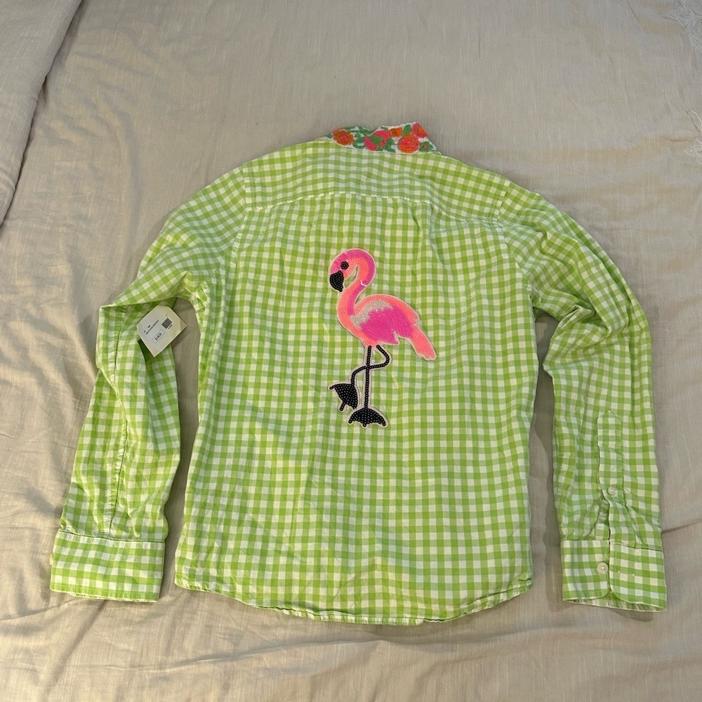 NWT Mary Marshmallow Gingham Button Down Shirt Flamingo Appliqués (22)